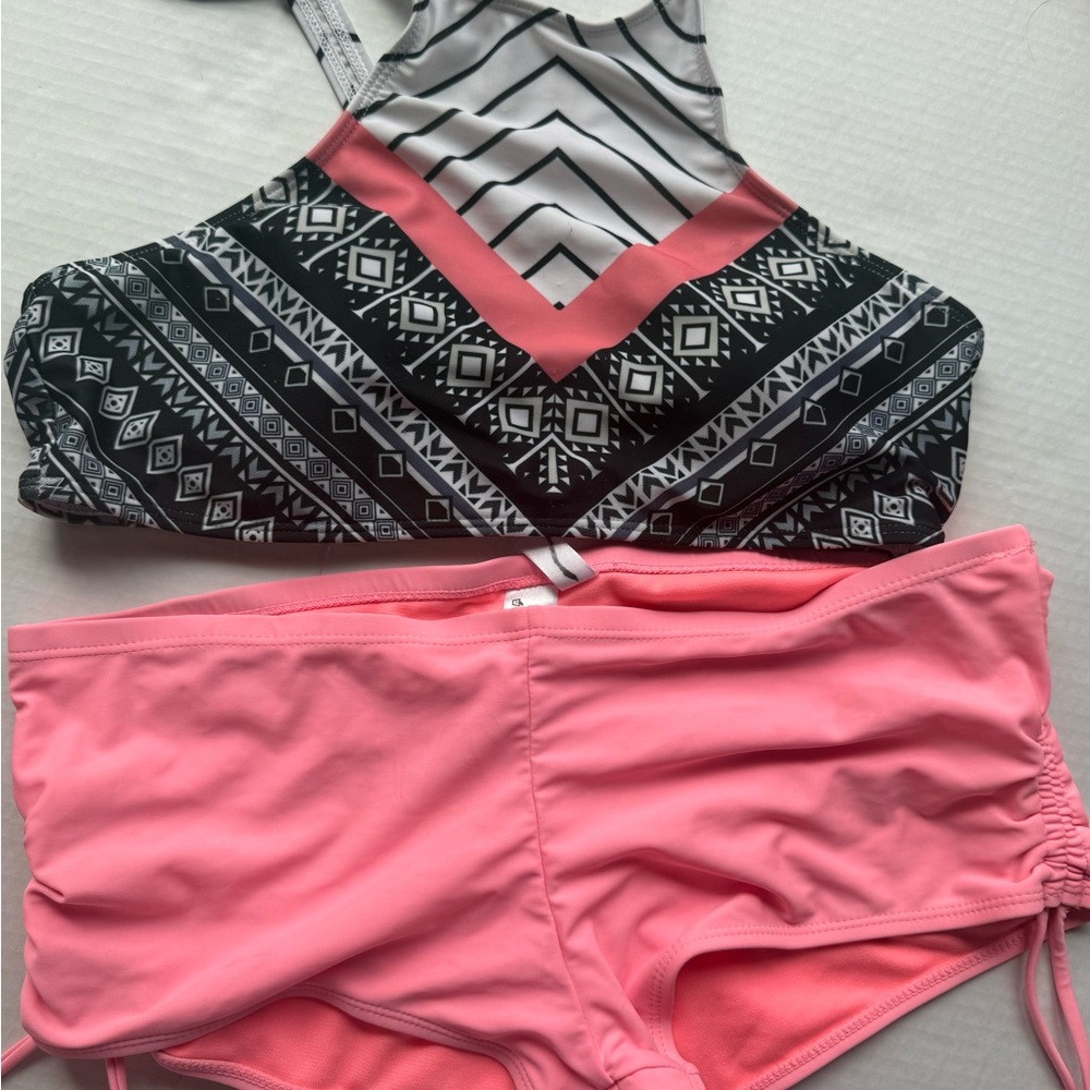 Geometric Black & White Bikini Top with Coral-Pink Swim Shorts